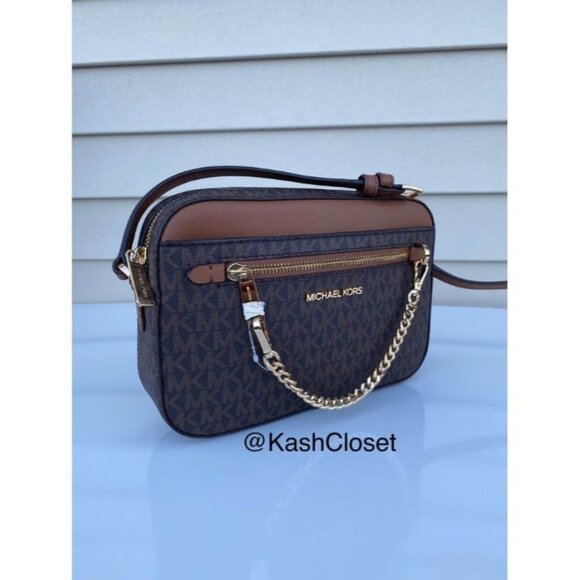 Michael Kors crossbody large chain zip purse jet set MK signature brown - Picture 1 of 10
